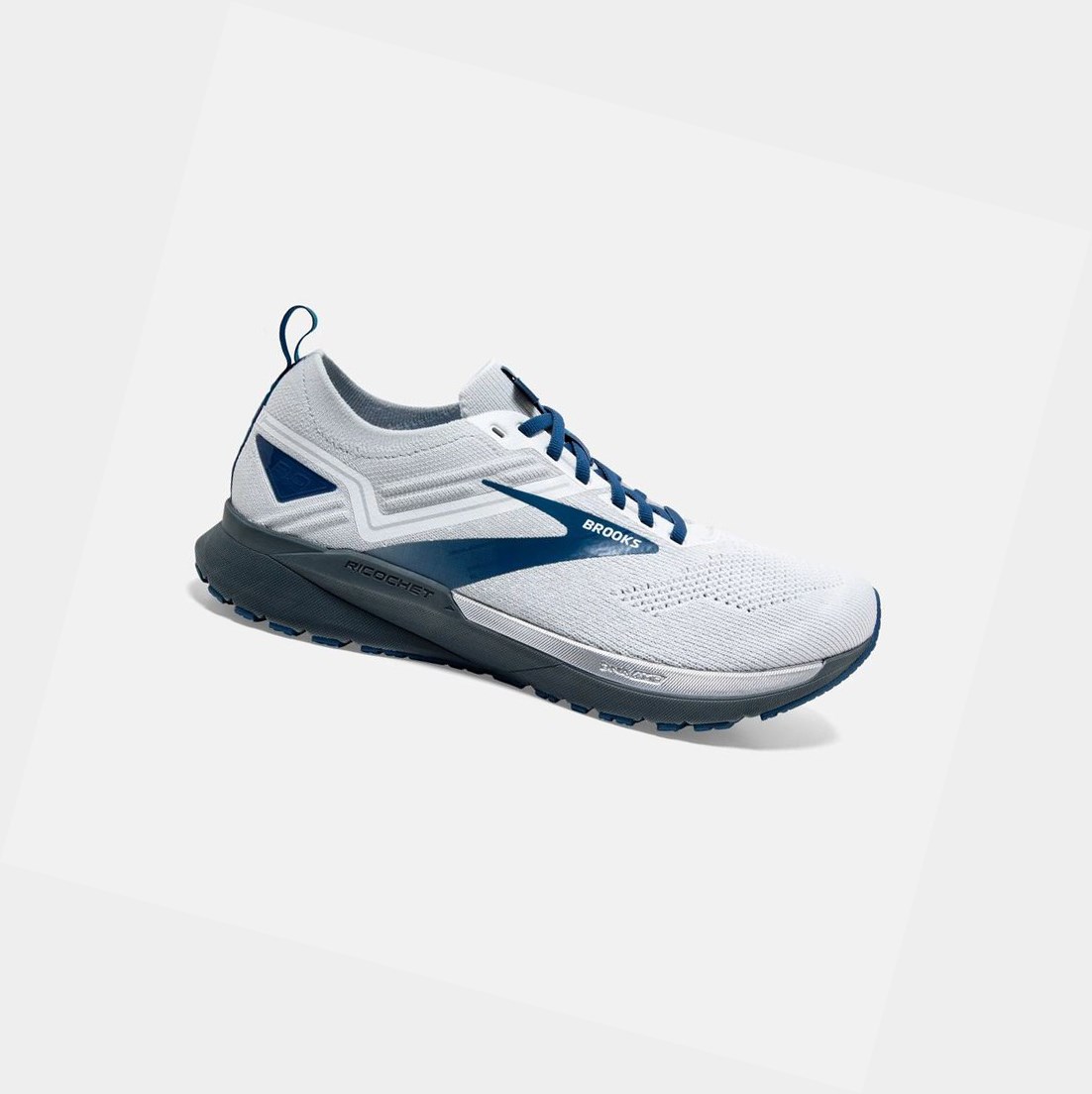 Chaussures Running Route Brooks Ricochet 3 Blanche Grise Bleu Homme | SJK-14823016